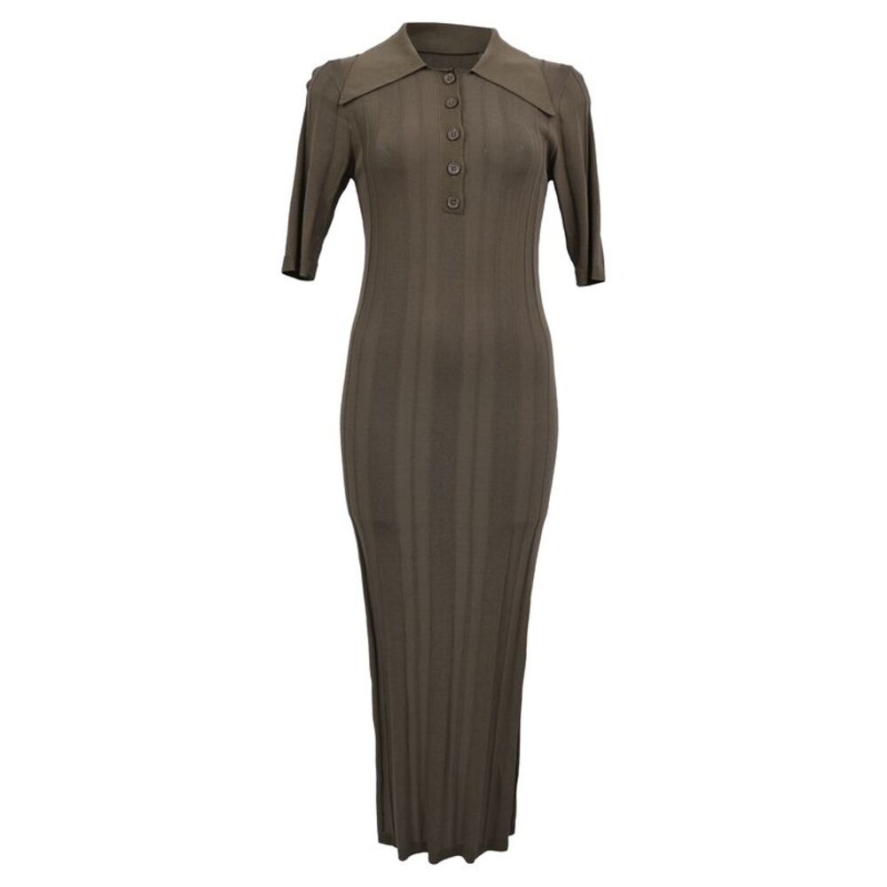 Remain Birger Christensen Evial Ribbed-Knit Midi Dress in Brown Viscose